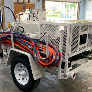 SINGLE 200 GAL TANK,25 H.P. ELECTRIC START KOHLER ENGINE, CHAMPION (27 CFM) COPRESSOR, ALL HYDRAULIC DRIVE CONTROLS , ONE 2" PISTON MATERIAL PUMP, ONE 150' HOSE SET INCLUDES SPRAYCON GUN, HEAVY DUTY TRAILER WITH 15" TIRES & WHEELS,2" BALL HITCH